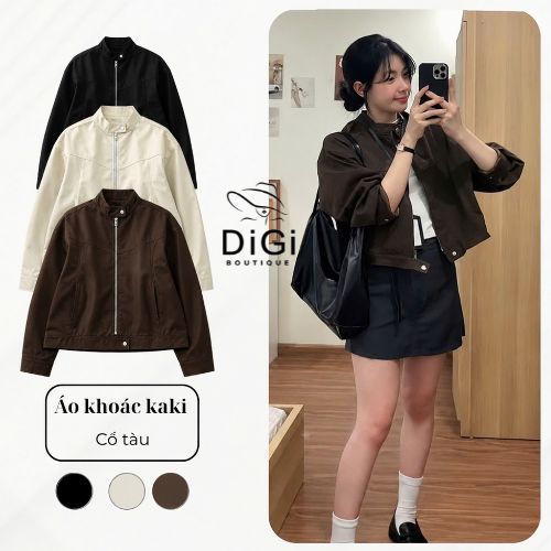 Áo Khoác Kaki Nữ 2 Lớp Cổ Tàu , Áo Khoác Bomber Mặc 4 Mùa Đi Chơi Chất Dày Dặn…
