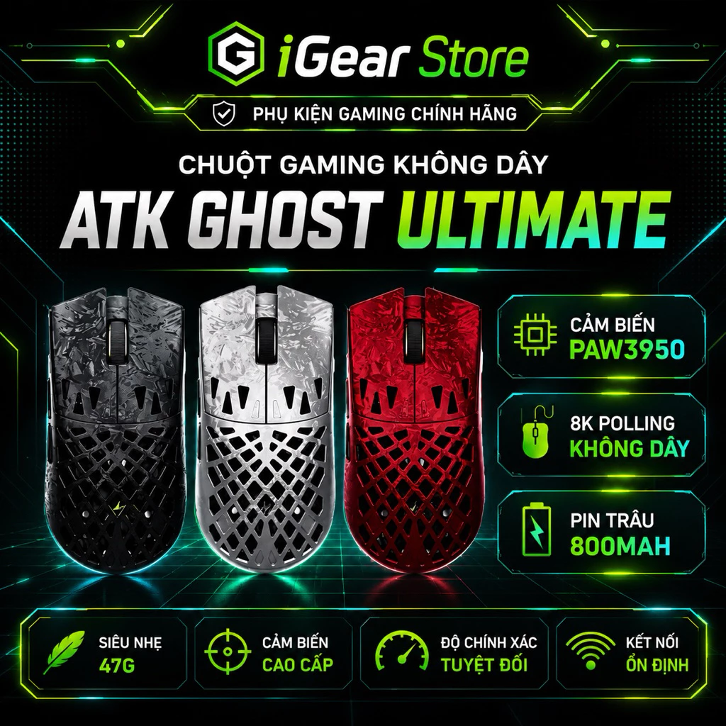 [NEW-BH12T] Chuột Gaming ATK Ghost Ultimate - Paw3950Ultra - Vỏ Carbon - 8000Hz