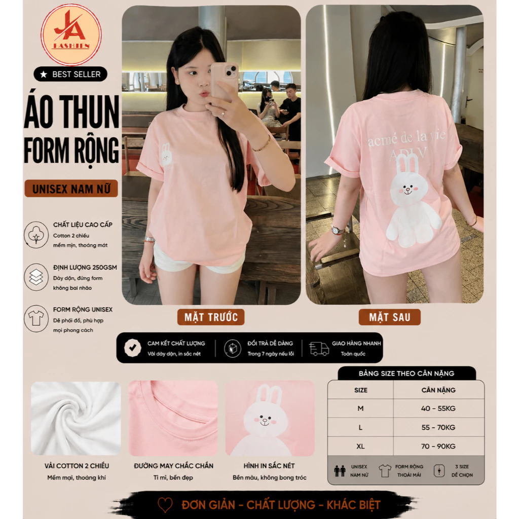 Áo thun form rộng nữ  màu hồng pastel, thiết kế dễ thương với hình thỏ trắng Chất vải mềm mịn, thoáng mát, thoải mái
