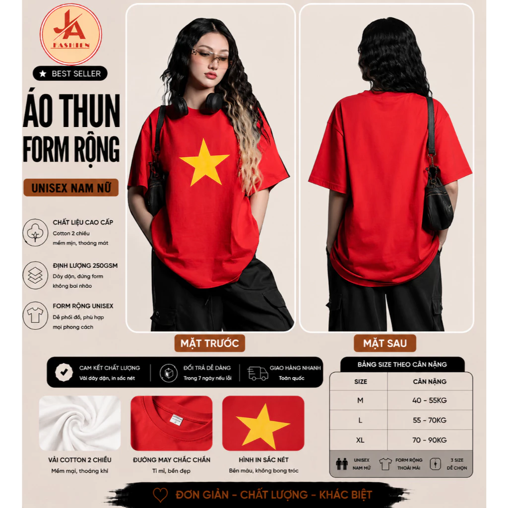 Áo thun form rộng Unisex Cờ Đỏ Sao Vàng Ngôi Sao Lớn  Vải Cotton Mềm Mịn  siu Mát đl 250gsm