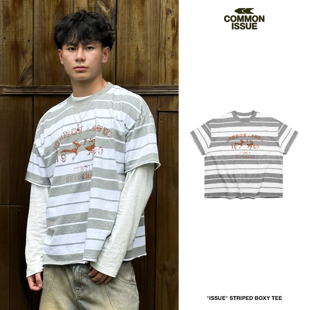 Áo Thun Form Boxy "ISSUE" Chất Vải Cotton Premium 2 Chiều 240gsm Sọc Ngang Unisex Nam Nữ | Common Issue