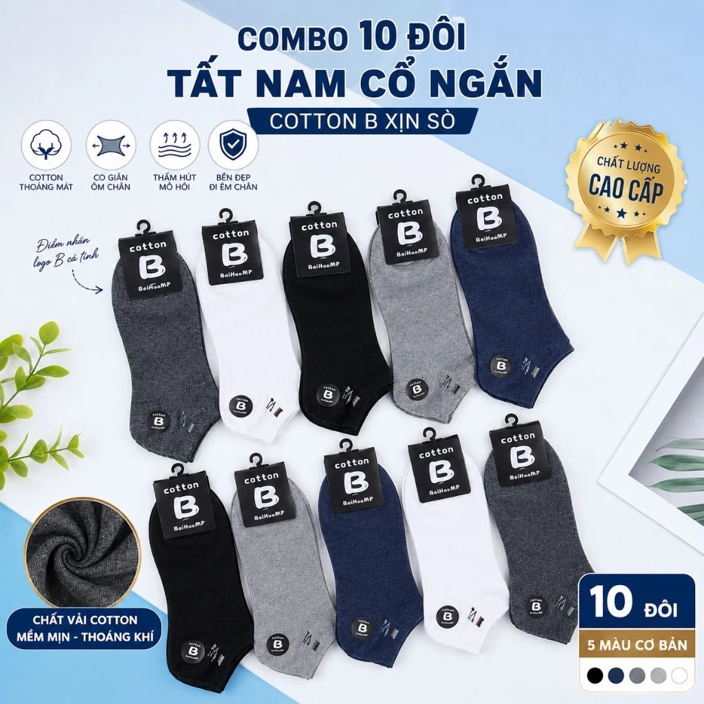 ​COMBO 10 ĐÔI Tất Nam Cổ Ngắn Cotton Cao Cấp – Vớ Nam Mềm Mát, Thấm Hút, Co Giãn Tốt