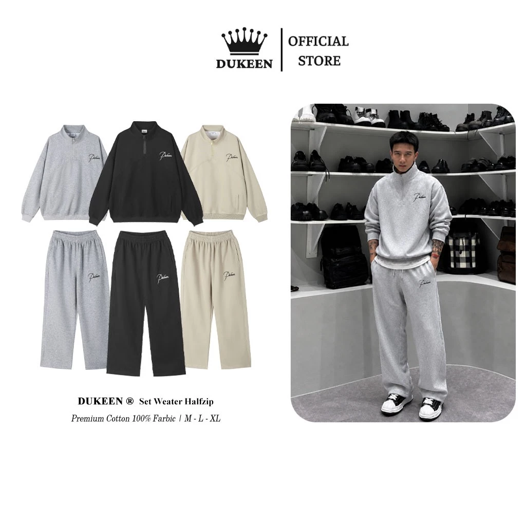 Set Bộ Nỉ Ver 2 Áo Sweater Boxy DUKEEN Halfzip Sweater Và Quần Ống Suông Unisex Local Brand DK123
