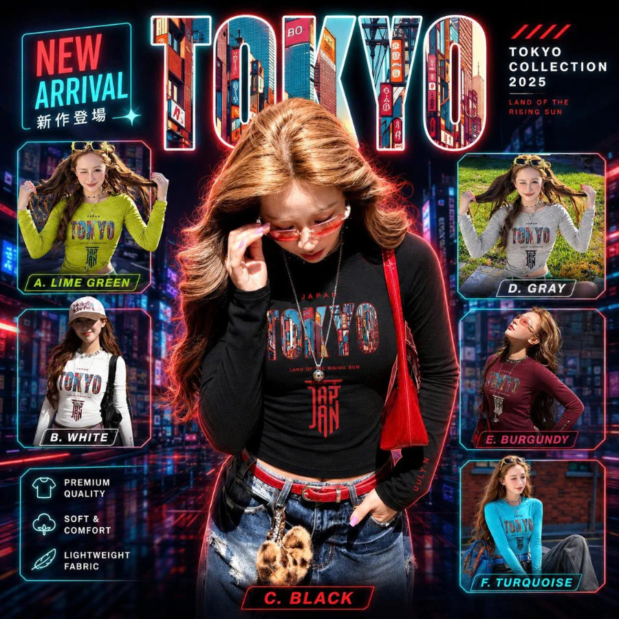 Áo Thun Nữ Ôm Body July.N Cổ Tròn Tay Dài In Chữ TOKYO - Baby Tee Co Giãn Tôn Dáng