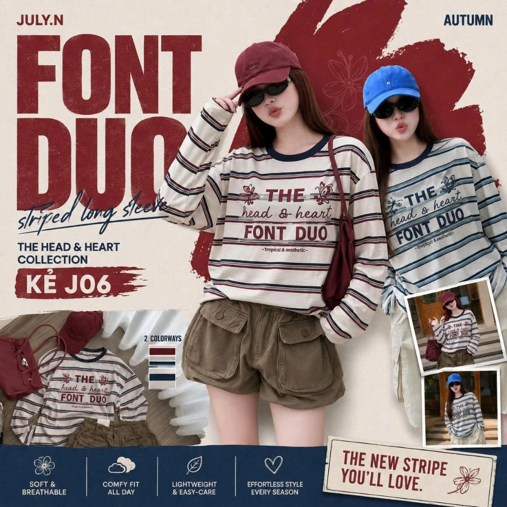 ÁO THUN NỮ JULY.N TAY DÀI KẺ SỌC FORM RỘNG CỔ TRÒN IN CHỮ THỜI TRANG