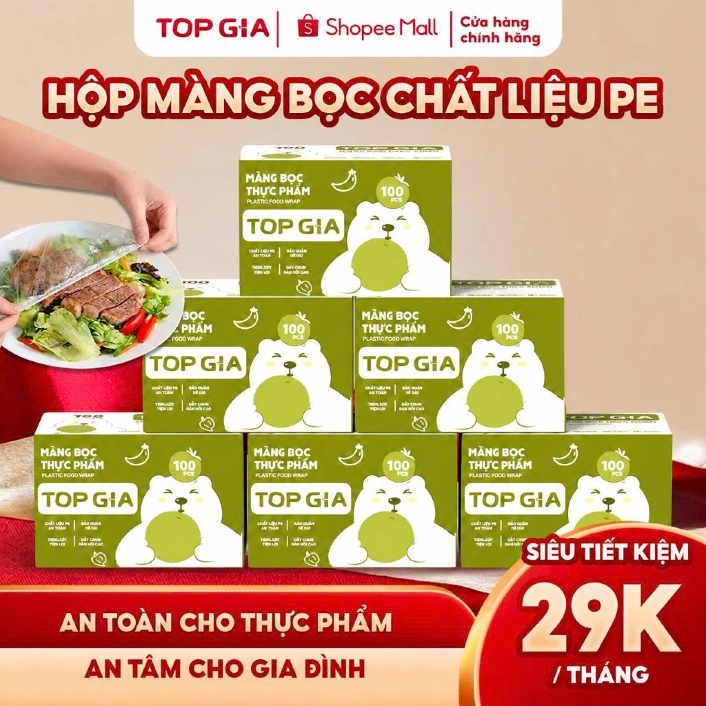 Hộp màng bọc thực phẩm treo tường dạng rút TopGia tiện lợi, chất liệu PE an toàn, có chun co dãn