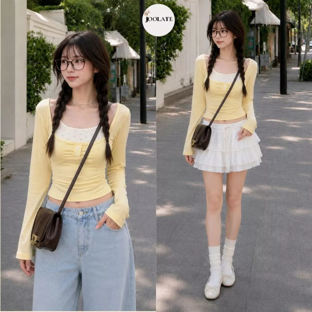 Áo Thun Nữ Tay Dài Cổ Vuông Phối Áo Hai Dây Chấm Bi Form Ôm Co Giãn Phong Cách Hàn Quốc  Joolate A55