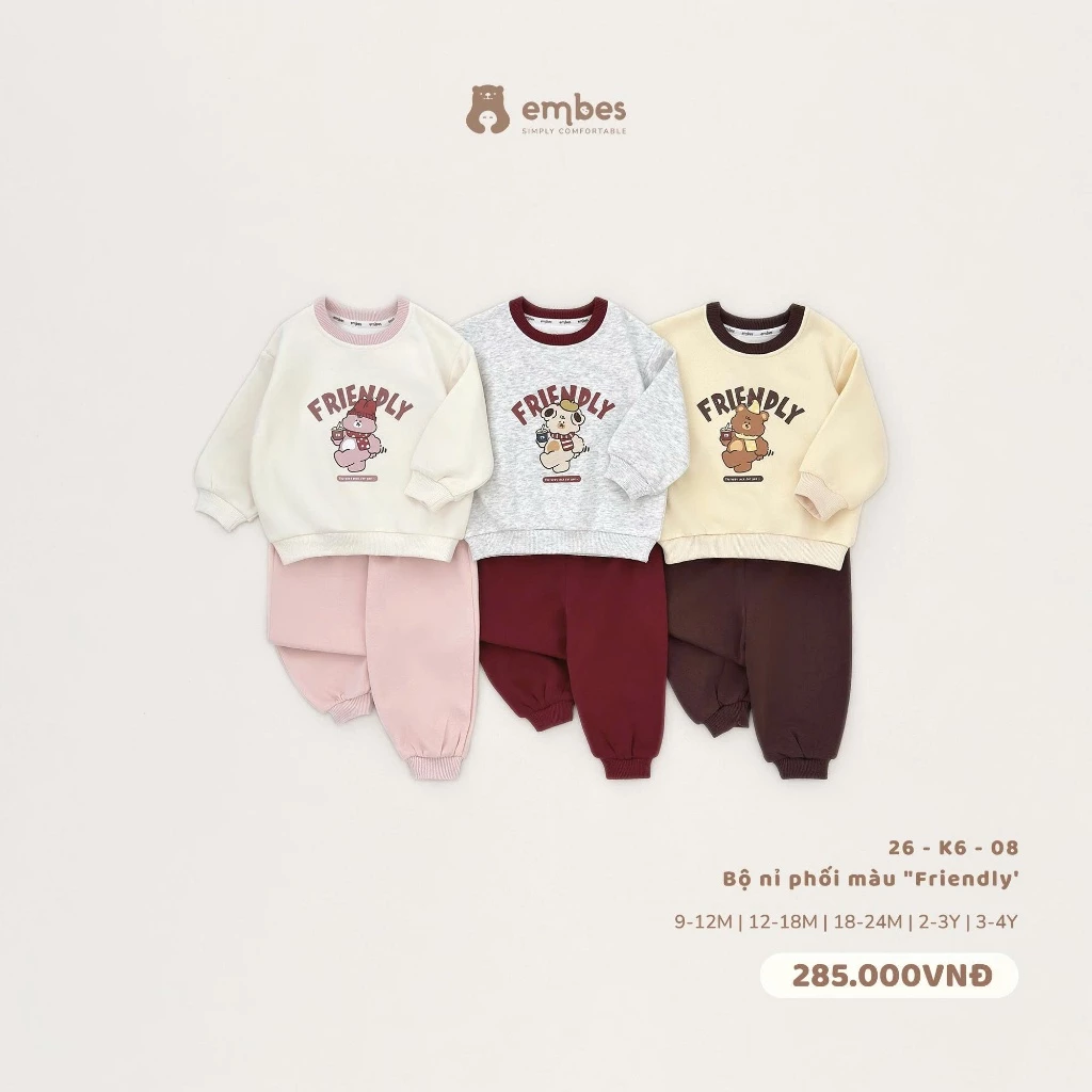 Bộ Nỉ Cho Bé Embes, Bộ Nỉ Thu Đông In Họa Tiết "Friendly" Chất Nỉ Mỏng Cho Bé Trai Bé Gái Từ 8-18kg