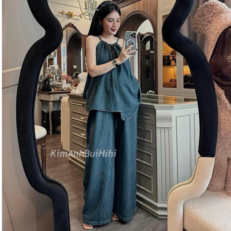 Set bộ bò mềm cổ yếm + quần xuông, set jean chất liệu denim mềm hot hit (HC80)