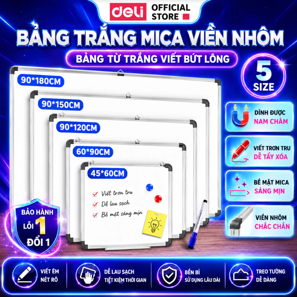 Bảng Từ Trắng Viết Bút Lông Nhiều KT Chính Hãng DELI - Bảng Trắng Mica Viền Nhôm Bo 4 Góc Dùng Cho Học Sinh Văn Phòng
