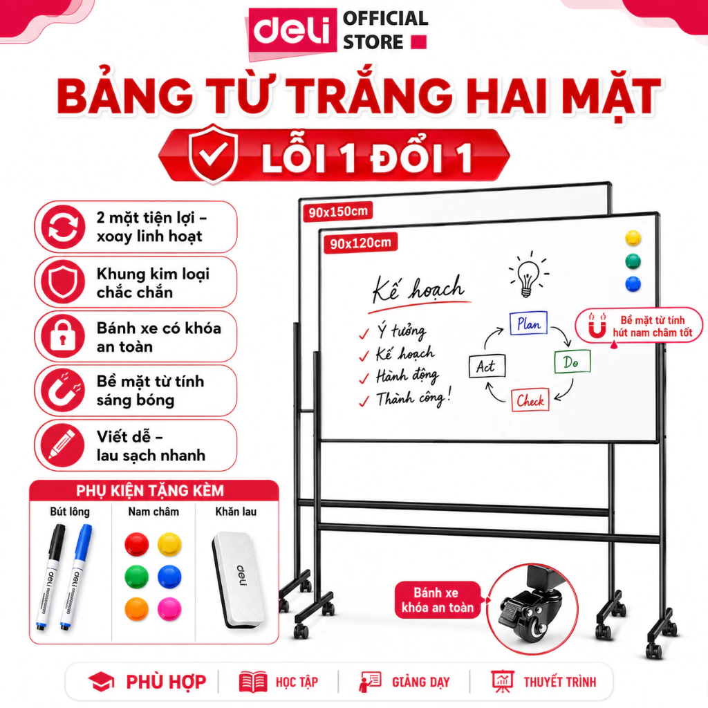 Bảng Từ Trắng Hai Mặt Deli, Bảng Viết Bút Lông Xóa Được Có Bánh Xe Di Động Đa Năng Sử Dụng Văn Phòng