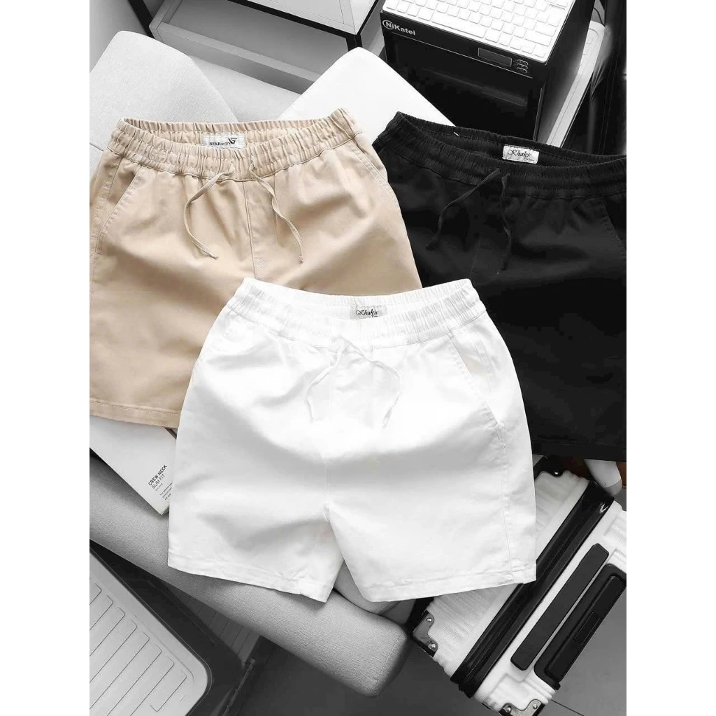 Quần Short Đùi Kaki Nam Lưng Thun Trơn Co Giãn Đẹp Chất Dày Mịn Cao Cấp Có 3 Màu Đen , Trắng Kem Vàng