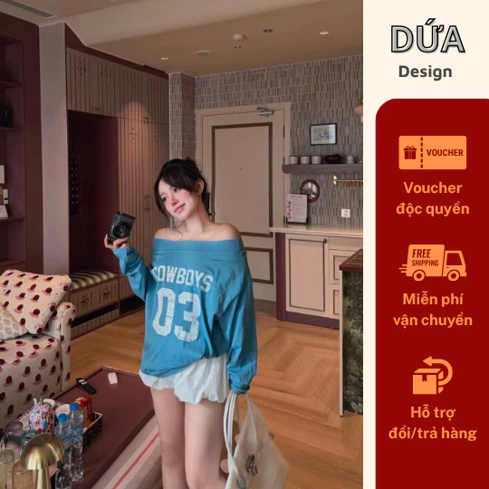 P57 Áo Cowboys 03 Trễ Vai Chất Cotton Dài Tay In Chữ Oversize Phong Cách Hàn Quốc