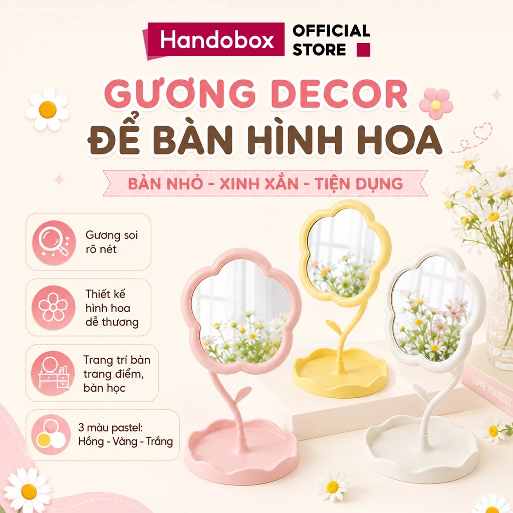 Gương Trang Điểm Để Bàn Hình Hoa Handobox Xoay 360 Độ Gương HD Sắc Nét Trang Trí Bàn Làm Việc