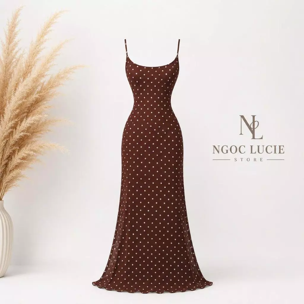 D1110 - Đầm Hai Dây Hở Lưng Nơ Bướm Họa Tiết Chấm Bi Dáng Đuôi Cá Nữ Tính Ngọc Lucie
