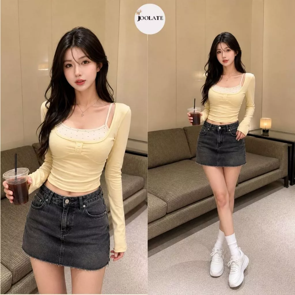 Áo Thun Nữ Tay Dài Cổ Vuông Phối Hai Dây Chấm Bi Form Ôm Co Giãn Mềm Mại, Áo Nữ Thu Đông Phong Cách Hàn Quốc Joolate A55