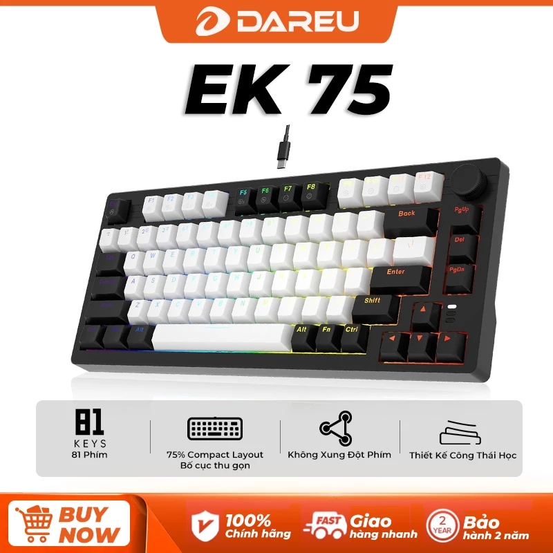 DAREU EK75 Bàn Phím Gaming Cơ Có Dây Layout 75% Kèm Núm Xoay âm Lượng Keycap PBT Switch Linear Dream