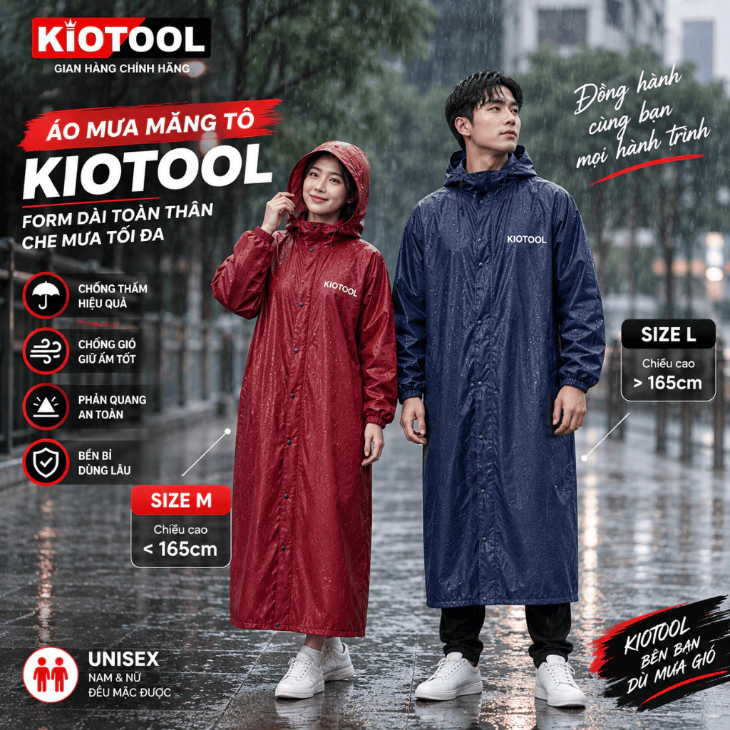 Áo Mưa Măng Tô Dây Kéo Vải Dù Tổ Ong Kiotool chống thấm đi mưa cao cấp