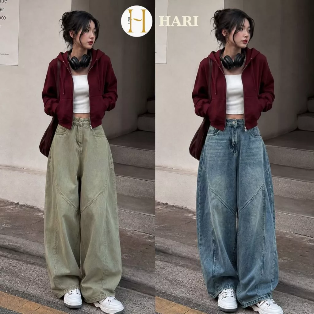 Quần Jeans Nữ Ống Cong Phối Line Hari Tôn Dáng Che Khuyết Điểm Thoải Mái Đi Làm Đi Học