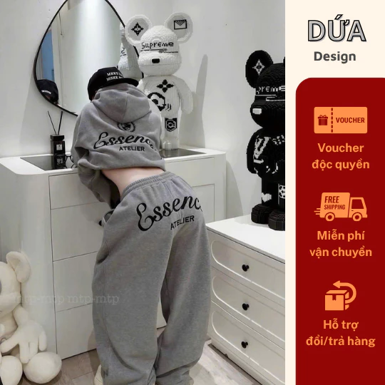 P68 Set Nỉ Thu Đông Nam Nữ Áo Hoodie Có Mũ In Chữ Essence Quần Dài Cạp Thun Chất Nỉ Dày Dặn