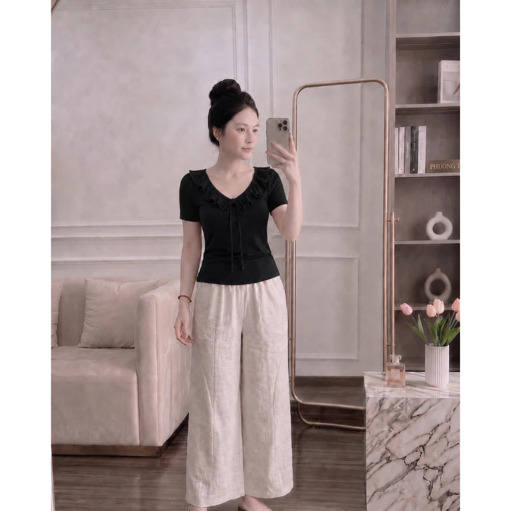 Áo Thun Nữ Cổ Bèo Buộc Nơ Tay Ngắn, Form Ôm Nhẹ Tôn Dáng, Phong Cách Nữ Tính Y51