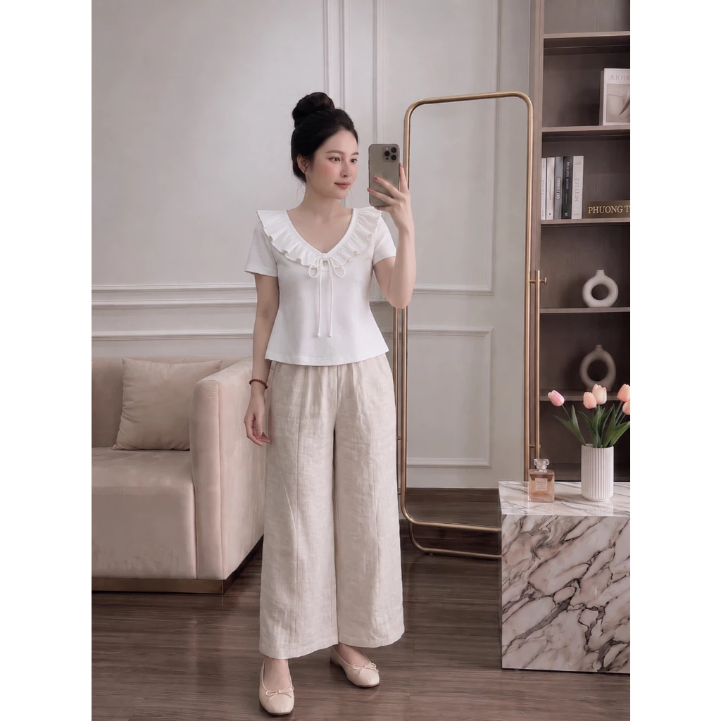 Áo Thun Nữ Cổ Bèo Buộc Nơ Tay Ngắn,Tôn Dáng, Phong Cách Nữ Tính,Chất liệu mềm mại Y51