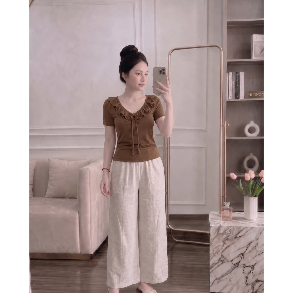 Áo Thun Nữ Cổ Bèo Buộc Nơ Tay Ngắn, Form Ôm Nhẹ Tôn Dáng, Phong Cách Nữ Tính Y51