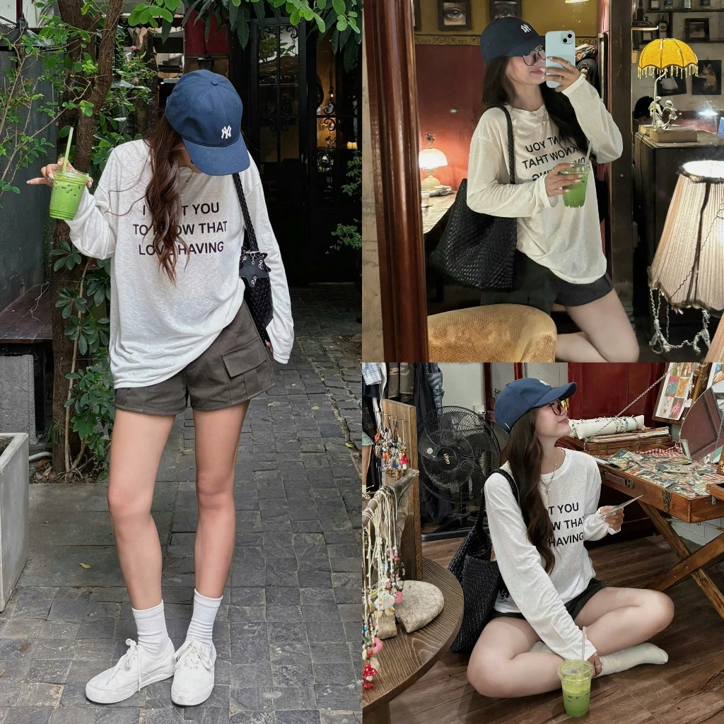 (ẢNH OLDSCHOOL) Áo thun giấy nữ tay dài form rộng in chữ I WANT YOU TO KNOW