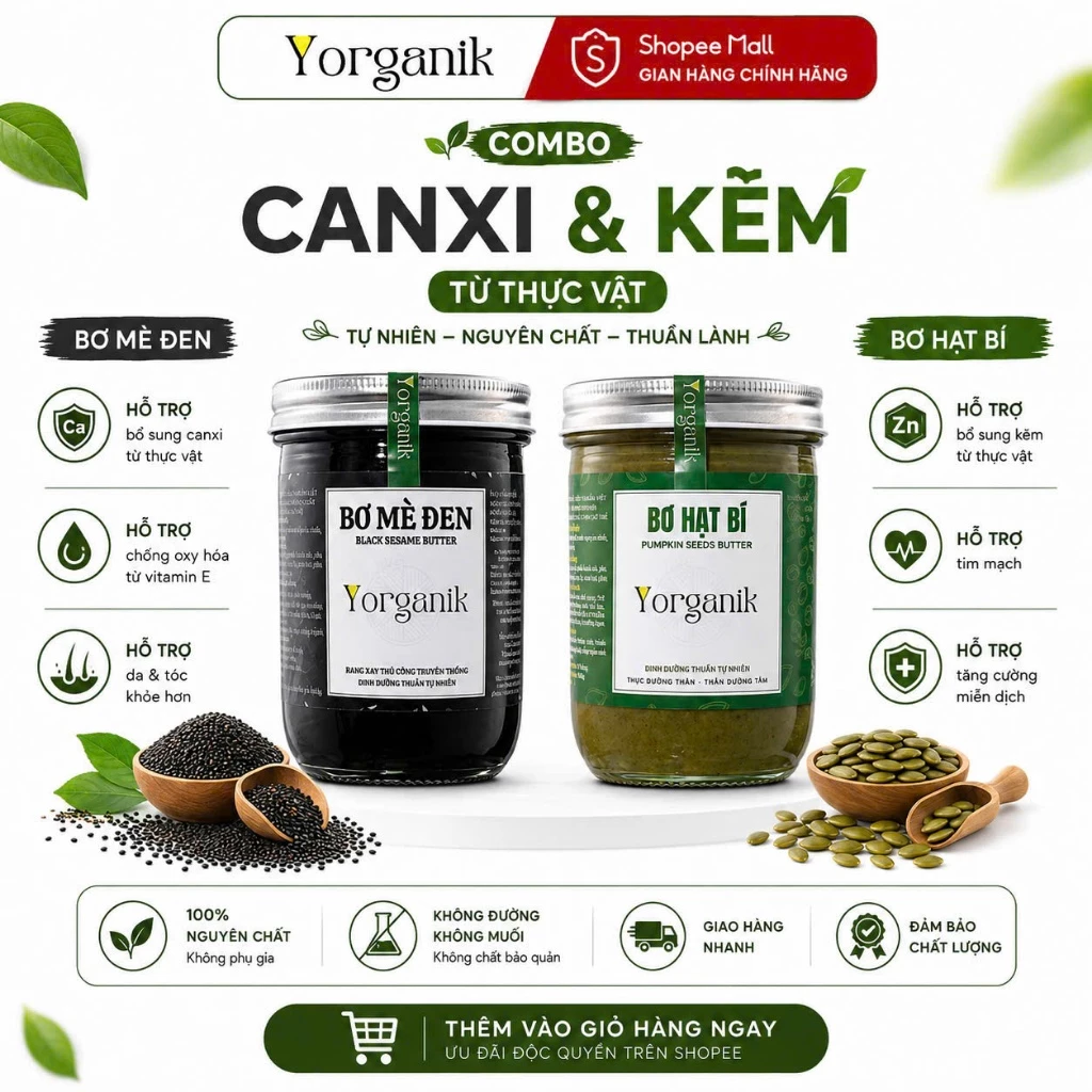 Combo Bơ mè đen, Bơ hạt bí nguyên chất Yorganik, bổ sung Canxi, Kẽm từ thực vật, Size 200g, 450g