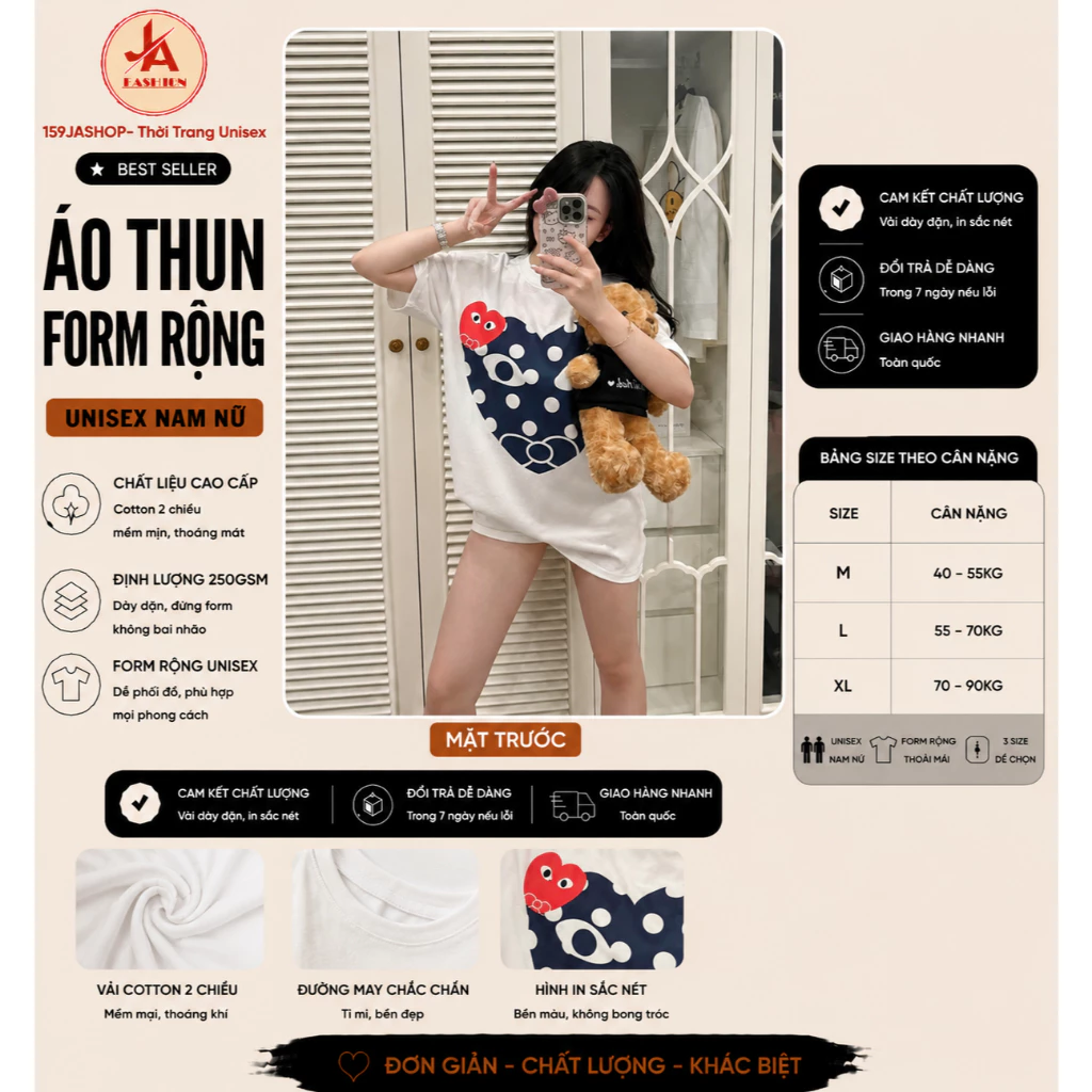 Áo thun form rộng Unisex  Trái Tim Chấm Bi In Sắc Nét Cotton 100% Dày Dặn Đủ Tag