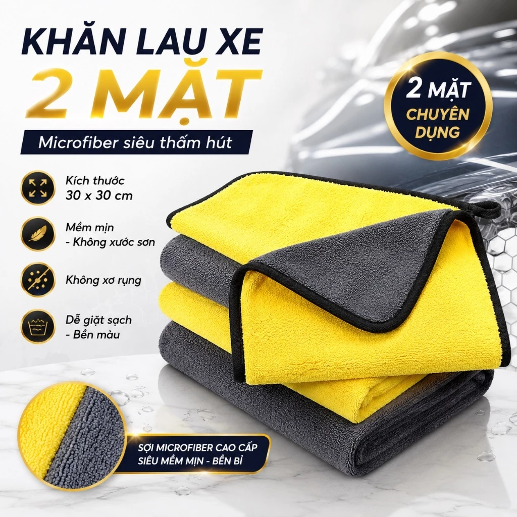 Khăn Lau 2 Mặt Chuyên Dụn Khăn Lau Ô Tô, Bếp, Kính Chất Liệu Microfiber Kích Thước 30x30cm Khăn Lau Đa Năng
