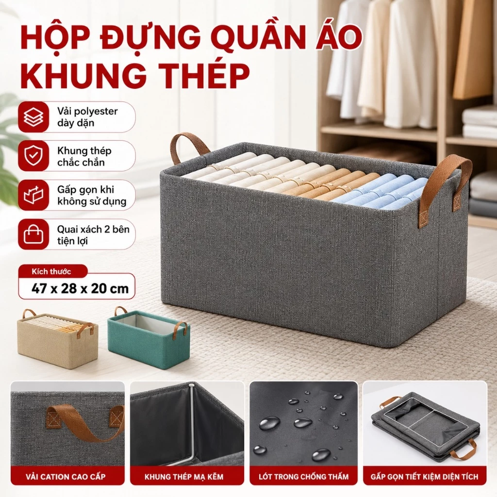 Hộp Đựng Quần Áo Có Khung Thép Hộp Đựng Đồ Đa Năng Khung Chắc Chắn Bền Bỉ Tiện Lợi