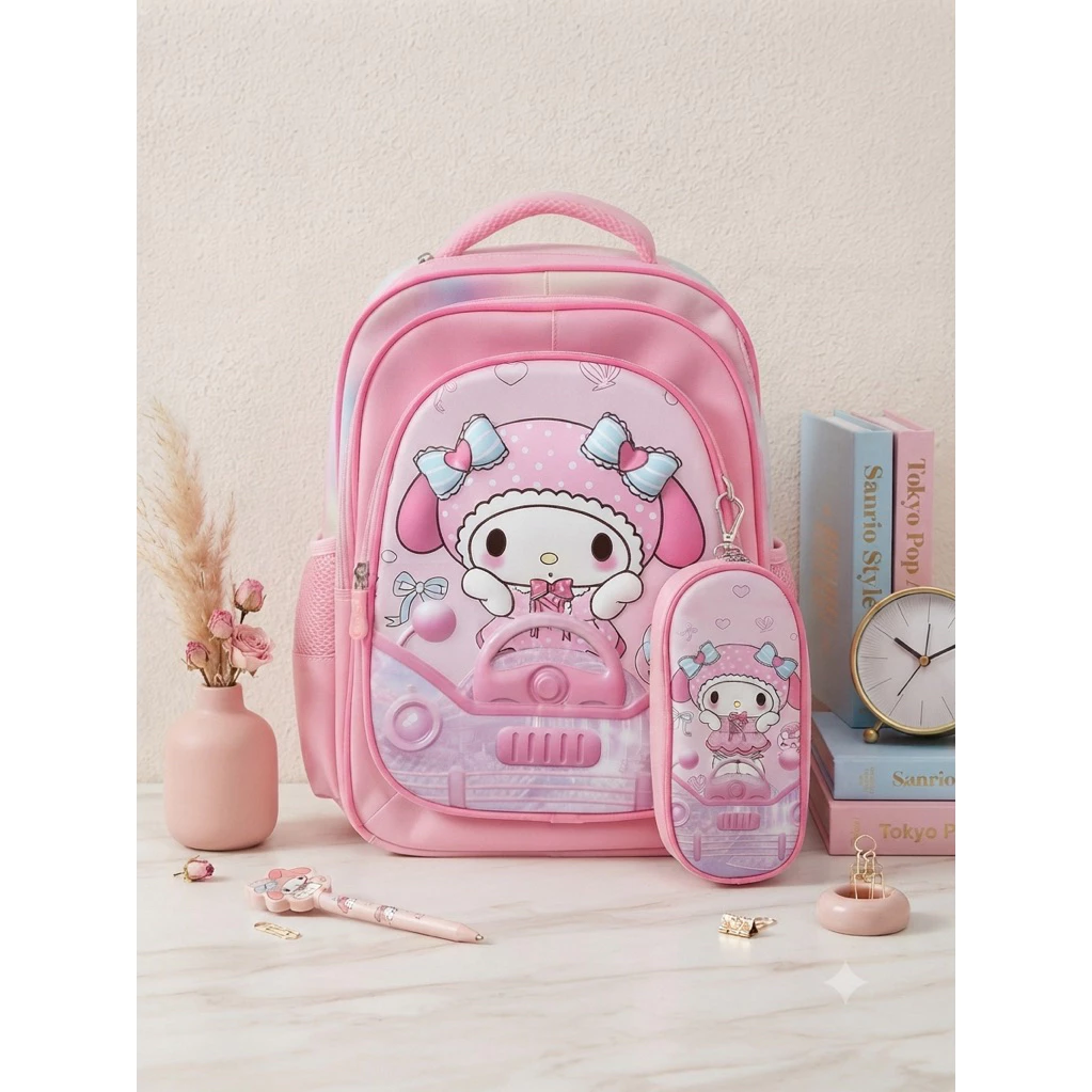 Cặp chống gù cho bé gái cấp 1 kèm charm và nhãn dán trang trí cặp như hình
