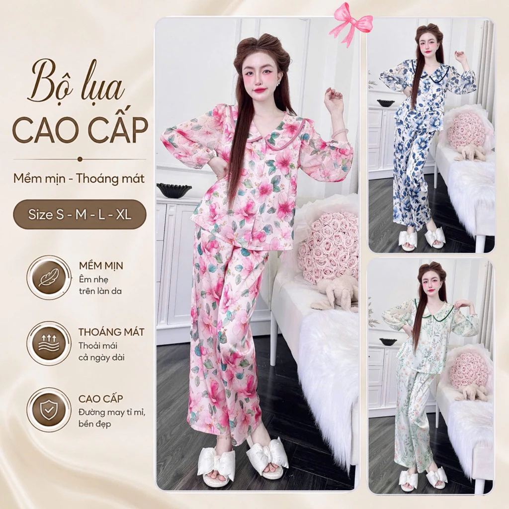 C3 Đồ Bộ Đồ Ngủ Nữ Lụa Latin Phối Tơ Tay Dài Quần Dài Kiểu Trẻ Trung  , Phom Dễ Mặc