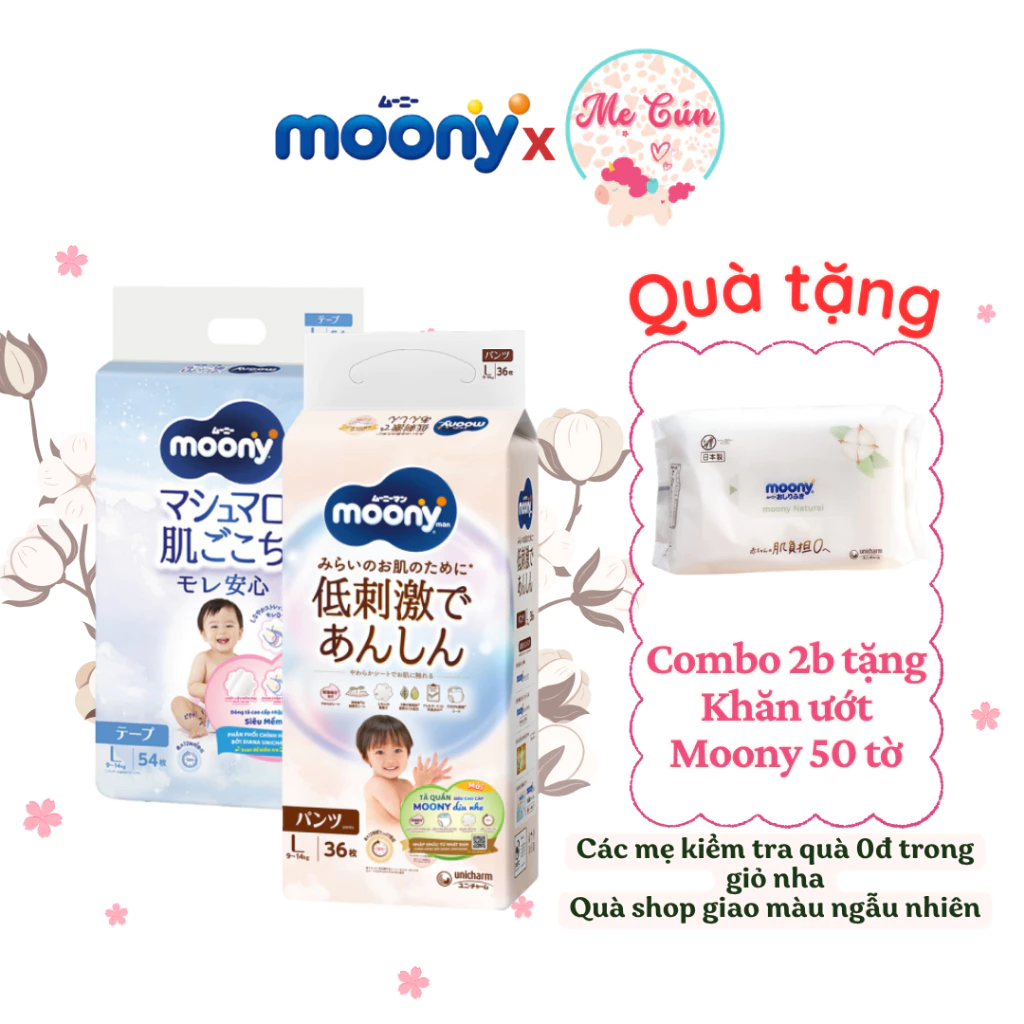 Bộ 2 bịch Tã quần, tã dán Moony Nhật Bản dán NB90/S84/M64/L54, quần M52/L44/XL38/XXL26, XXXL14 cho bé trai, bé gái