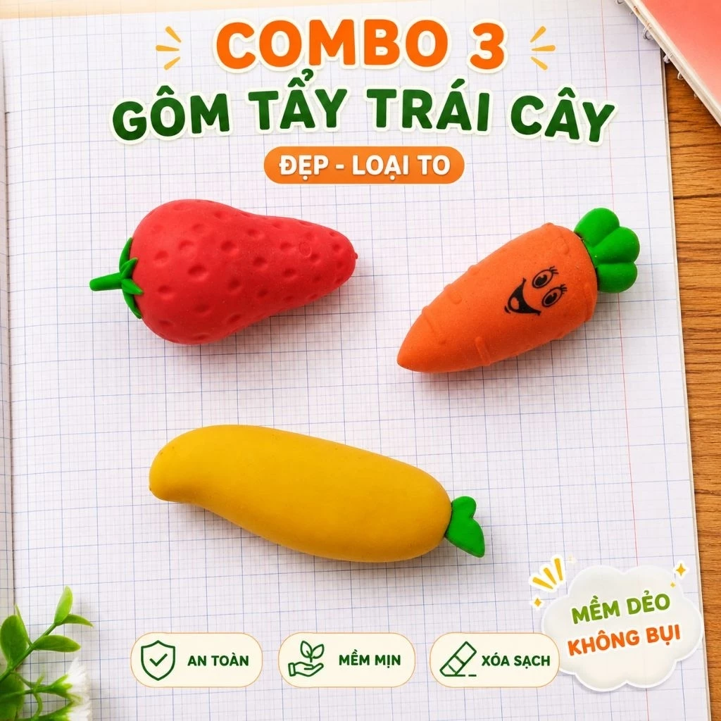 🌈 COMBO💝 3 GÔM TẨY TRÁI CÂY ĐẸP – LOẠI TO 🍌🥕🍓