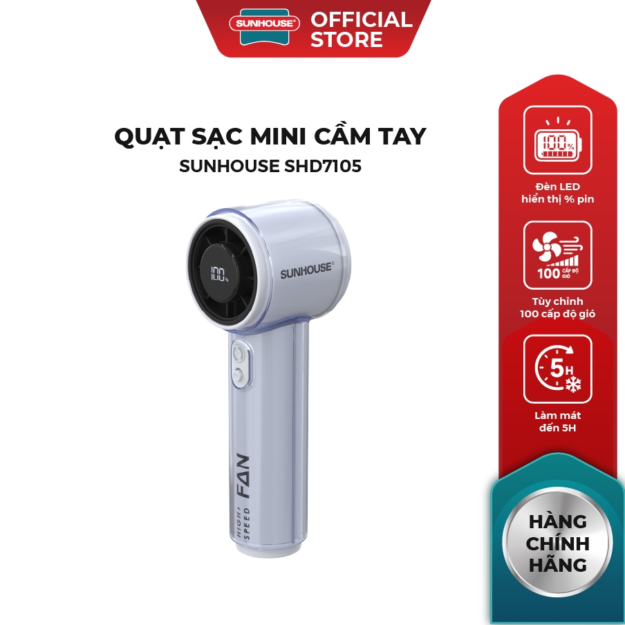 Quạt sạc mini cầm tay Sunhouse SHD7105 - Turbo 4 cấp độ gió - LED hiển thị…