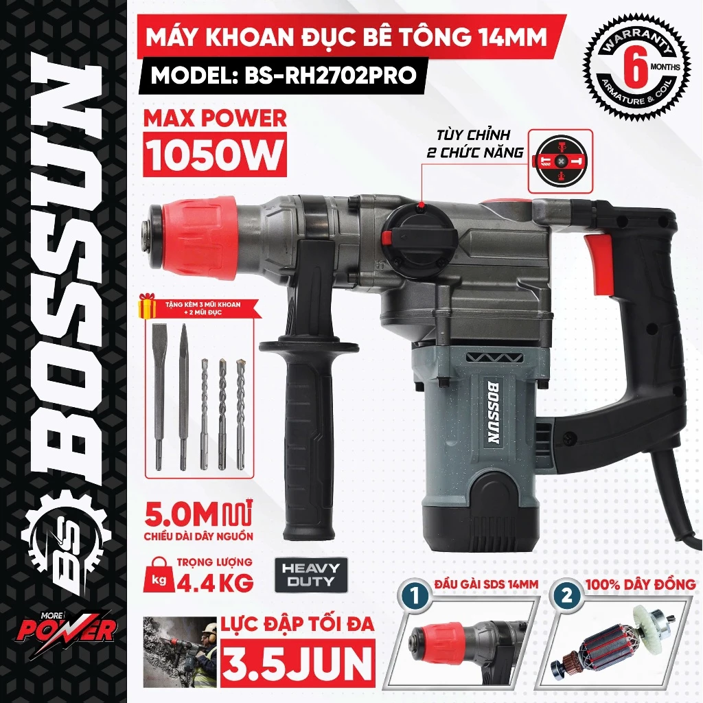 MUA 1 TẶNG 5 - Máy khoan đục bê tông 14mm Bossun BS-RH2702PRO công suất 1050W - Máy khoan bê tông SDS-Plus đầu gài 14mm