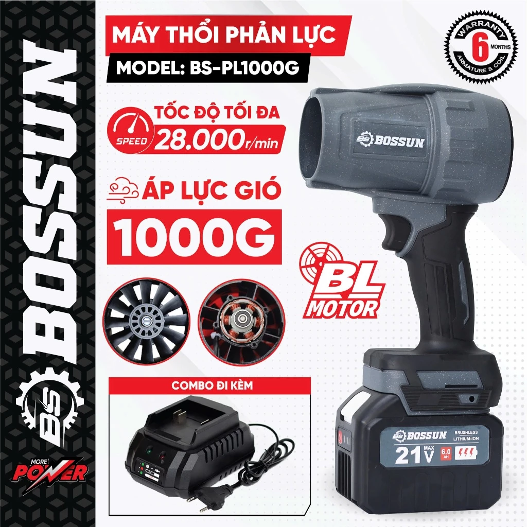 Máy thổi phản lực dùng pin Bossun BS-PL1000G công suất 900W - Máy thổi bụi mini Turbo Fan không chổi than 28000rp