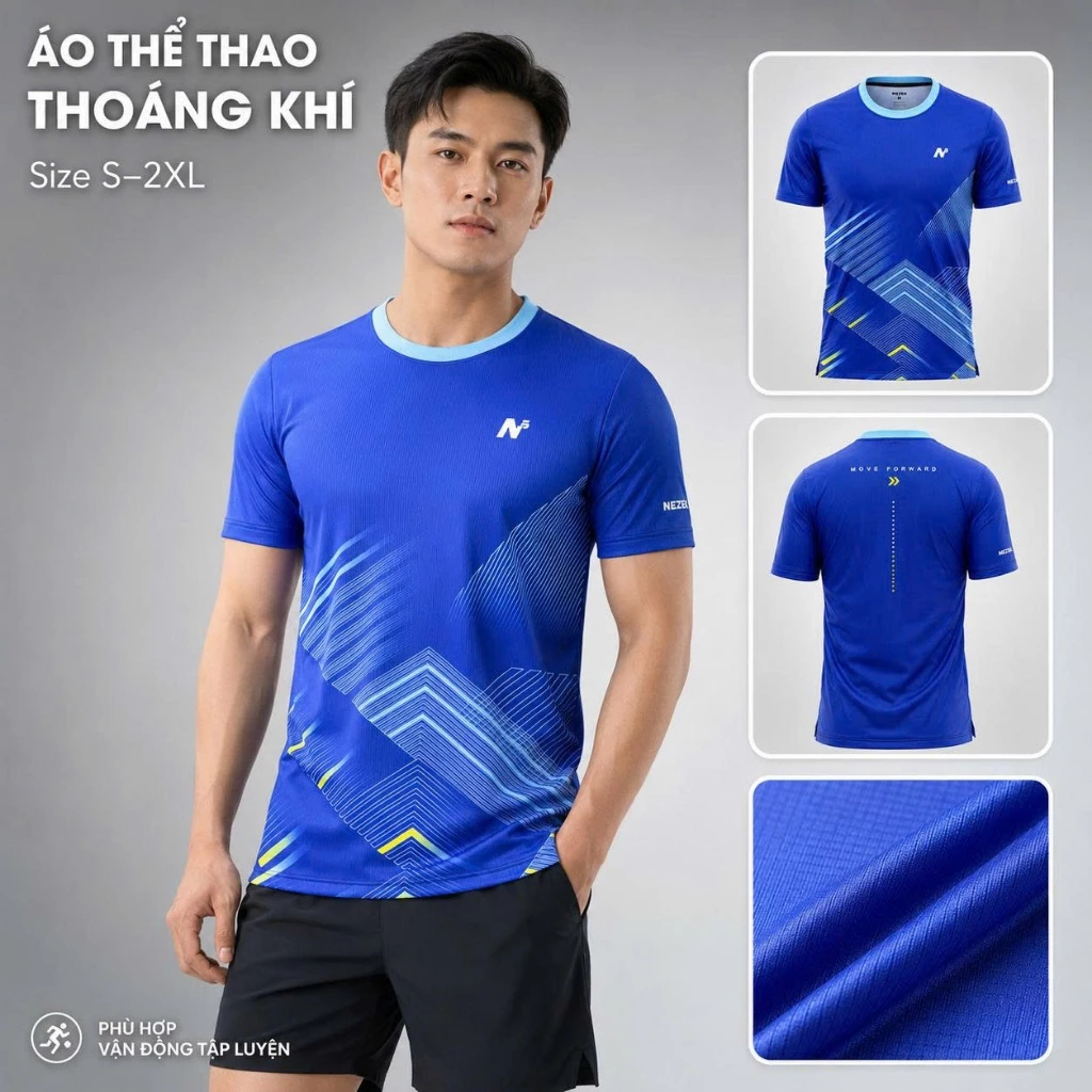 Áo Cầu Lông Nam NEZEK Co Giãn Cao Cấp, Áo Bóng Bàn Chạy Bộ Thể Thao 48-88Kg - Xanh Dương | NEZEK