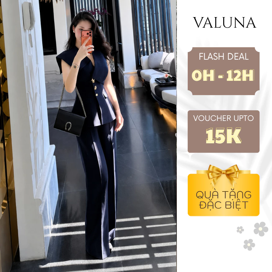 Set vest nữ cổ bản lớn phối cúc kim loại quần dài ống suông sang trọng thanh lịch VALUNA STORE 2745
