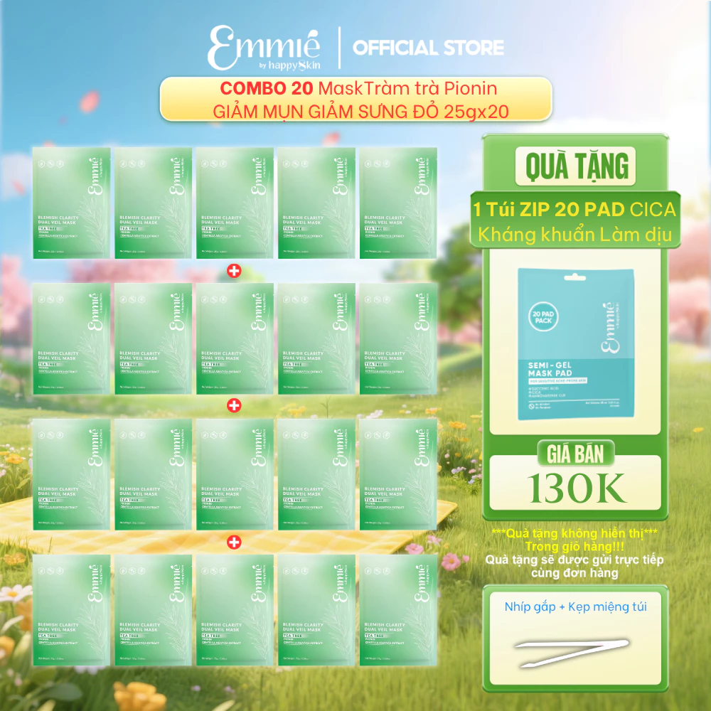 Mặt nạ tràm trà Emmie Giảm Mụn Sưng Đỏ Mặt Nạ Cho Da Dầu Mụn Chất Liệu Mặt Nạ Lụa 4 Hộp 5 Miếng Tặng Túi Zip 20 Pad CICA