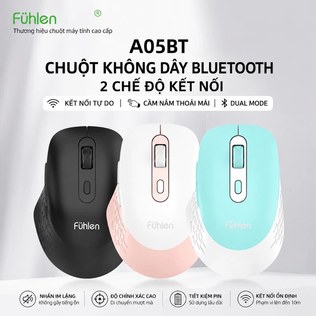 Chuột Không Dây Bluetooth Fühlen A05BT 2.4G + Bluetooth 2 Chế Độ, DPI 800/1200/1600, Nút Tiến Lùi Cho Laptop PC