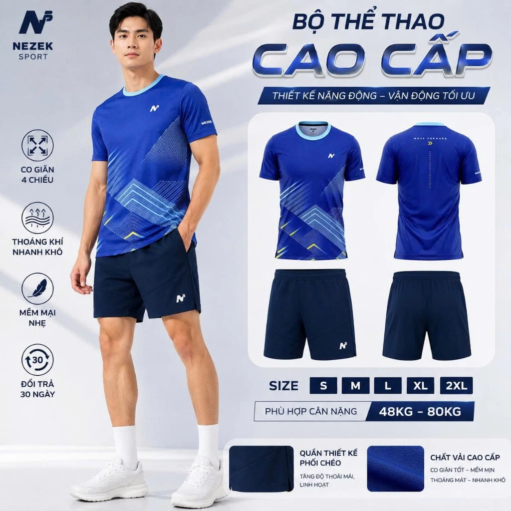 Set Áo Cầu Lông Nam NEZEK Co Giãn Cao Cấp, Áo Bóng Bàn Chạy Bộ Thể Thao 48-88Kg - Xanh Dương | NEZEK