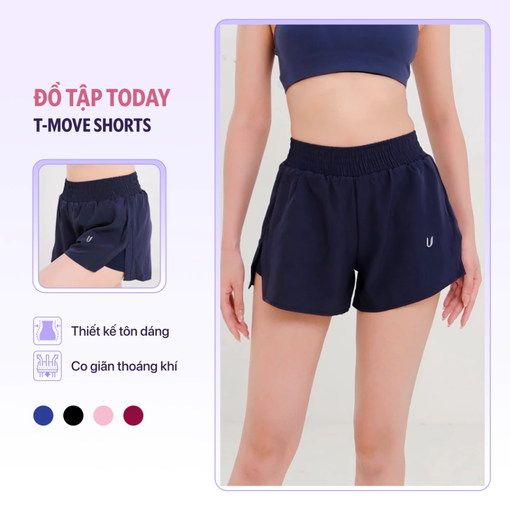 Quần chạy bộ nữ 2 lớp T-move Shorts Today U Wear form suông thoải mái cạp cao gen bụng che khuyết điểm