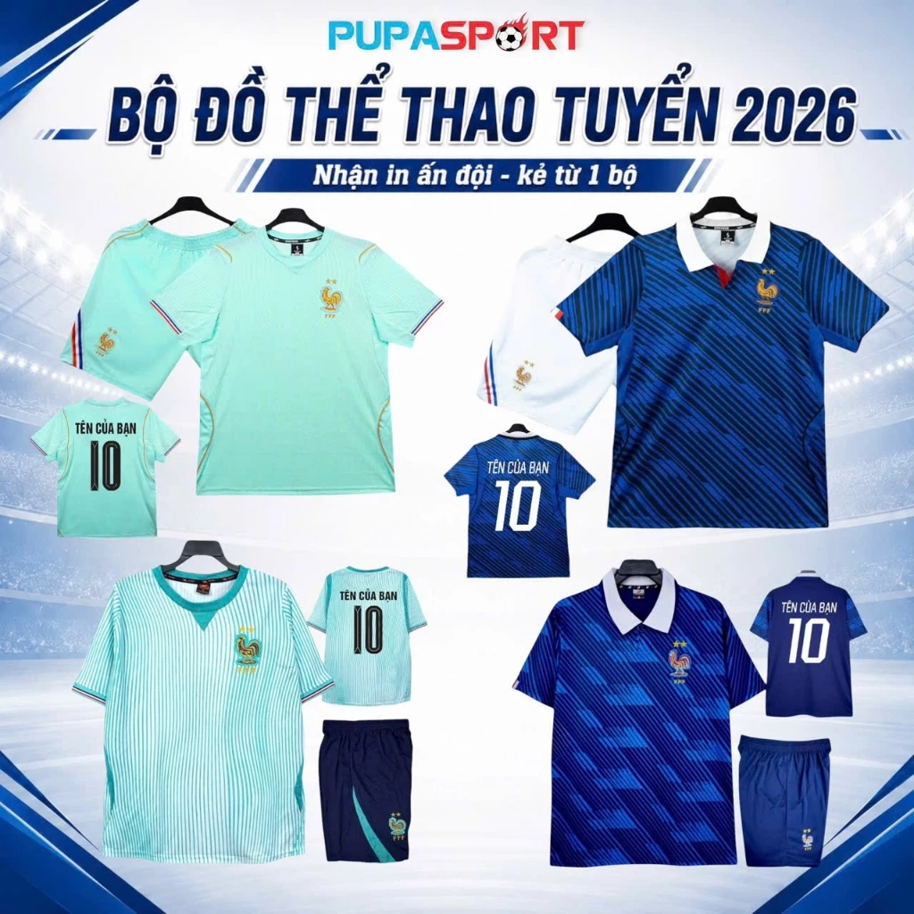 Bộ Quần Áo Bóng Đá Pháp WC26 - Vải Mè/Thun Lạnh Cho Nam Nữ, Có In Tên Sport Unisex Quần Top.