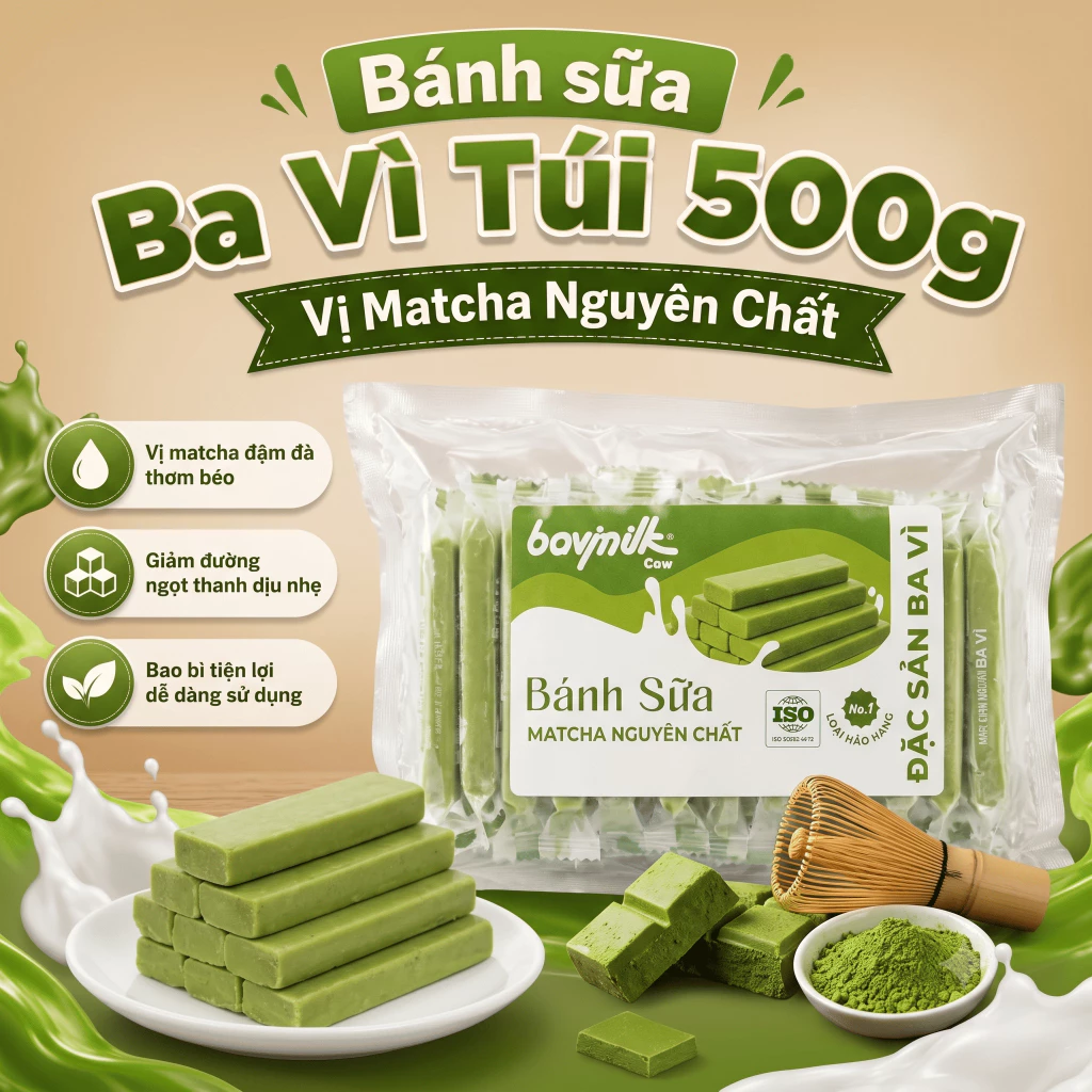 Bánh Sữa Ba Vì BVM Matcha Ít Đường 500g Bánh Sữa Đặc Biệt Thơm Ngon Bổ Dưỡng Chuẩn Sữa Bò Ba Vì