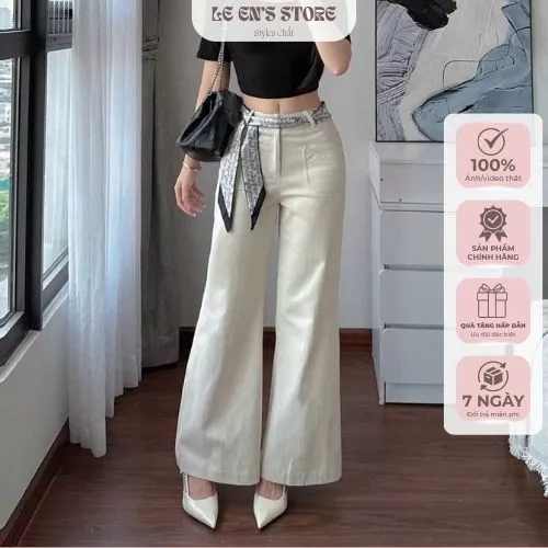Quần suông loe nhẹ chất kaki bò kèm khăn, quần dài nữ 96cm cạp cao ống loe tôn dáng basic-Q139