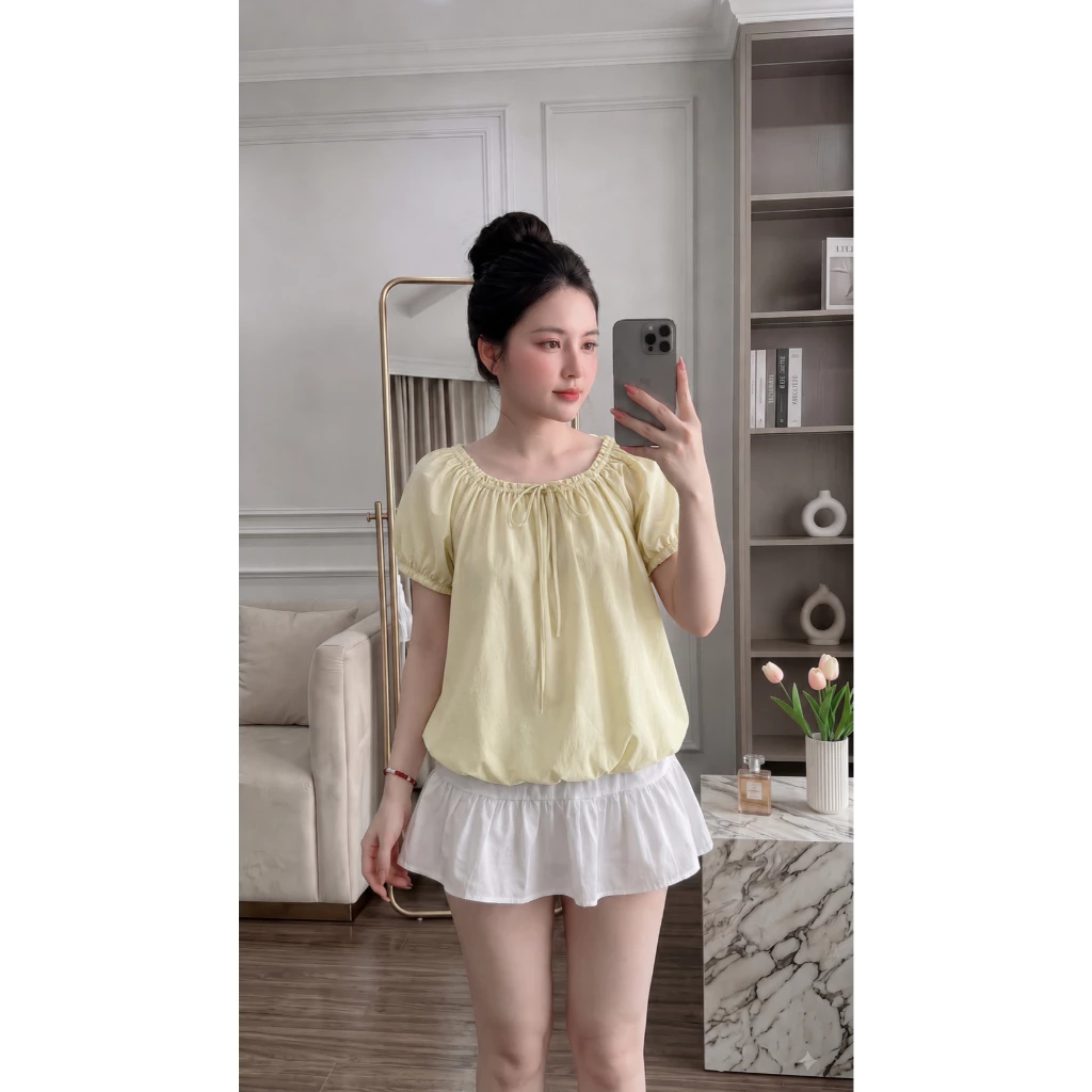 Áo kiểu thiết kế trẻ trung bo gấu dây cổ chun dễ mặc dễ phối đồ Y43