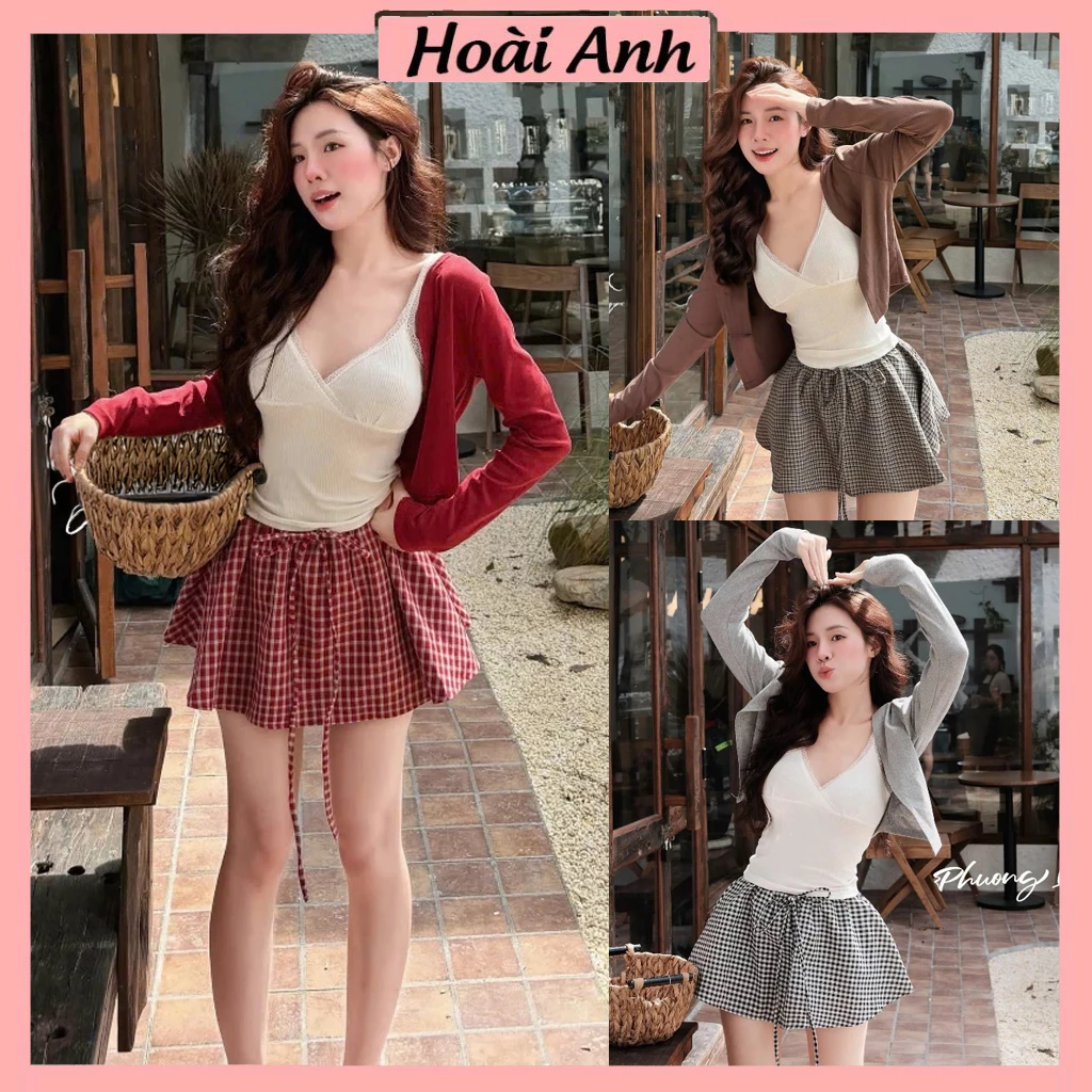 Set Bộ Đồ Nữ 3 Món Áo Khoác Cadigan Mỏng Kèm Áo 2 Dây Trắng Viền Ren Ngực Mix Chân Váy Xòe Kẻ Caro Dáng Ngắn